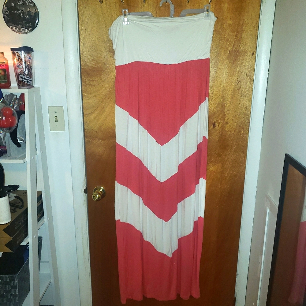 Coral and White Strapless Plus Size Dress